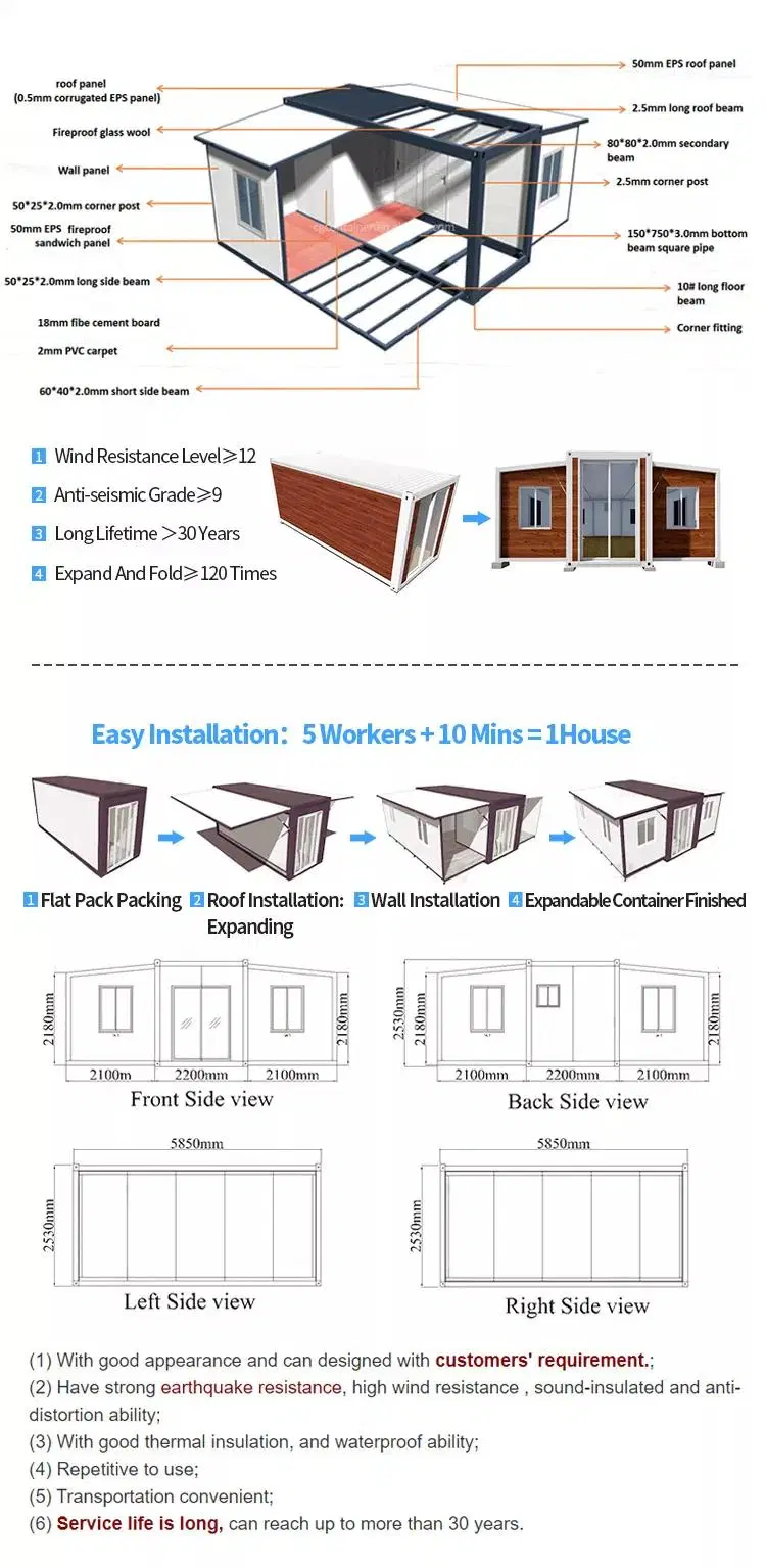 White Stainless Steel Modern Luxury Container House Online Technical Support MGO PVC Apartment House Expandable Container Office